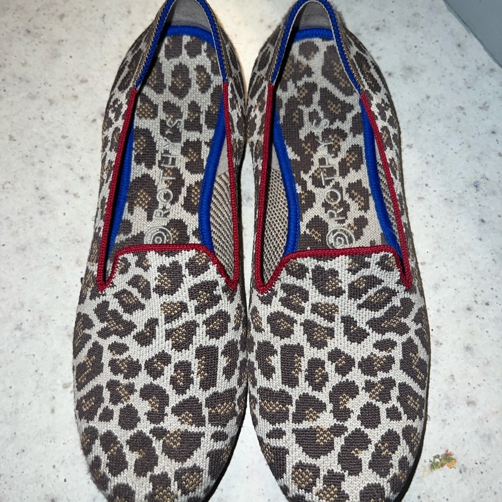 Rothy's  Leopard Print Slip-On Shoes with Red and Blue Accents